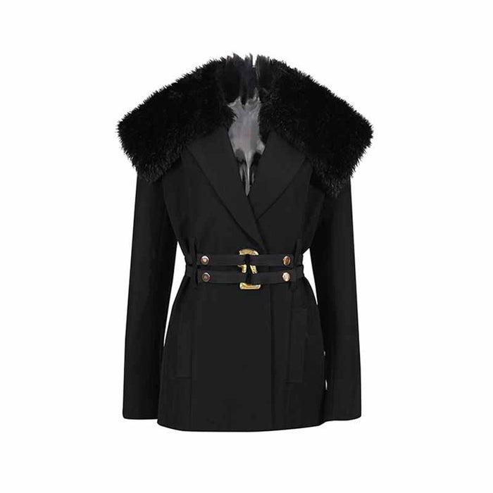 Stylish women's black belted winter coat featuring a faux fur collar and flattering silhouette