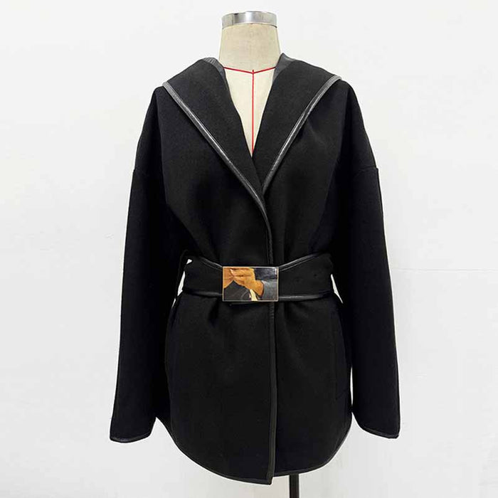 Women's Black Belted Woolen Coat