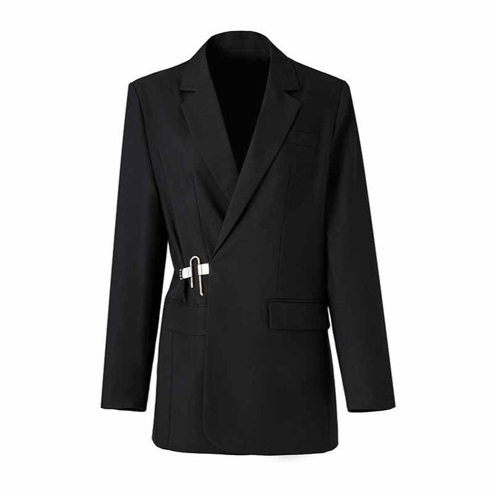 Women’s Black Blazer Coat with Metal Lock Closure – Edgy Classic Tailoring