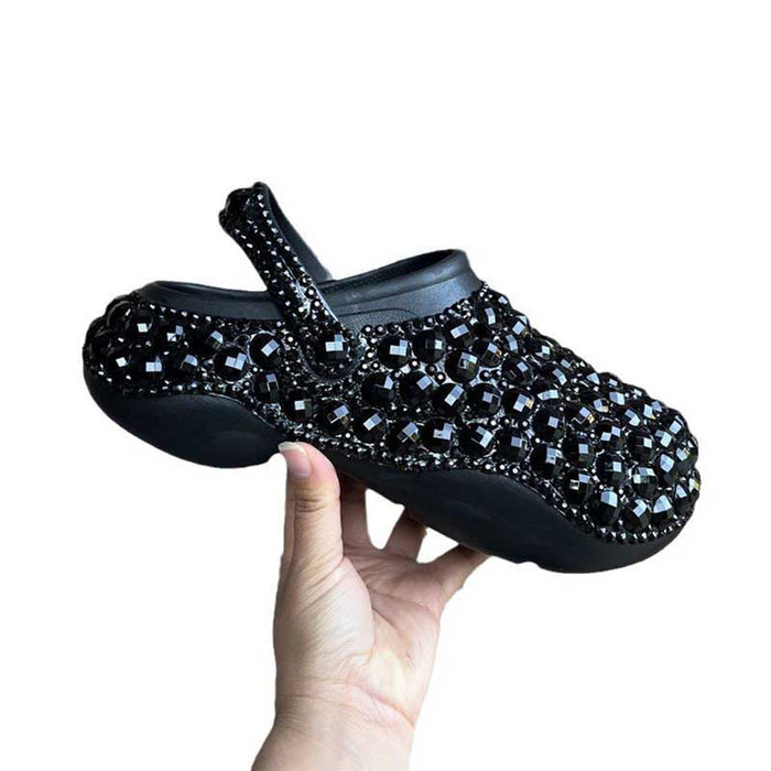 Womens Black Closed Toe Clog Shoes Rhinestone Slip on Mules