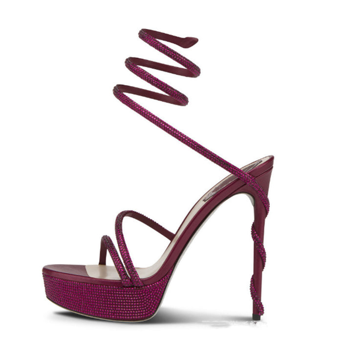 Women's Black Glitter Platform Stiletto Sandals - Sexy Strappy Lace-Up Open Toe High Heels