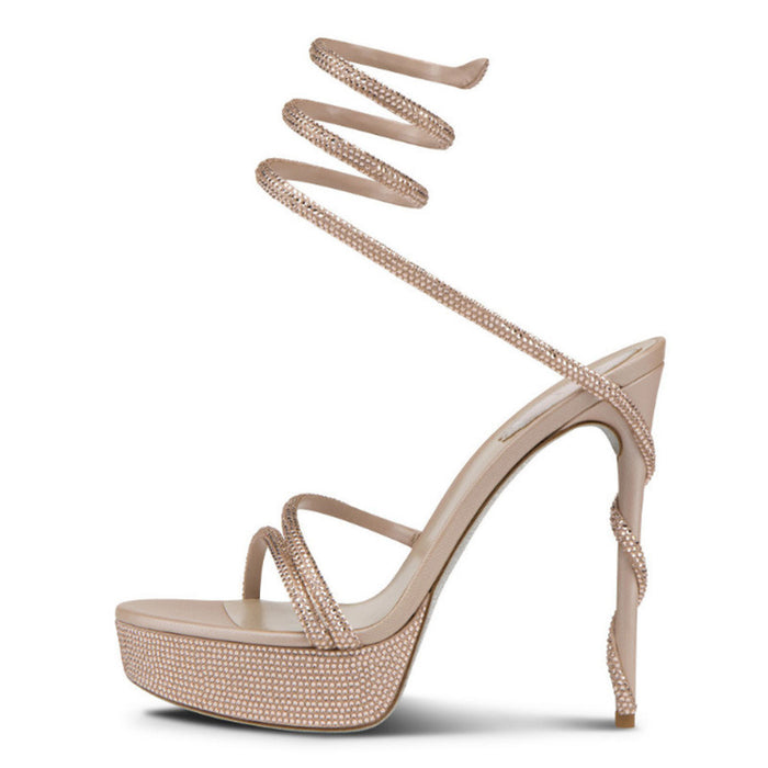 Women's Black Glitter Platform Stiletto Sandals - Sexy Strappy Lace-Up Open Toe High Heels
