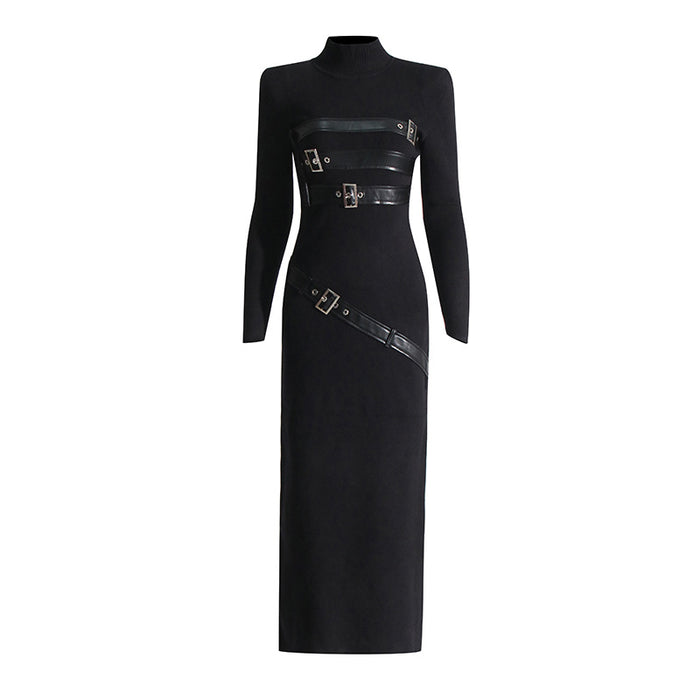 Women's Black Long Sleeves Standard Collar Midi Dress With Buckle Detail