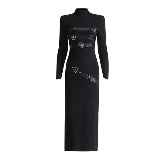 Women's Black Long Sleeves Standard Collar Midi Dress With Buckle Detail