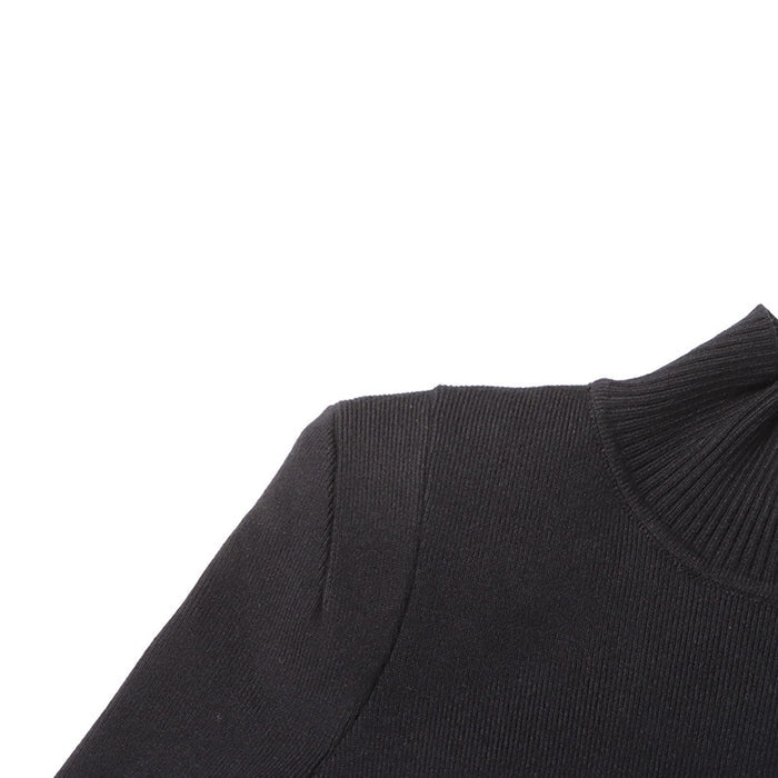 Women's Black Long Sleeves Standard Collar Midi Dress With Buckle Detail