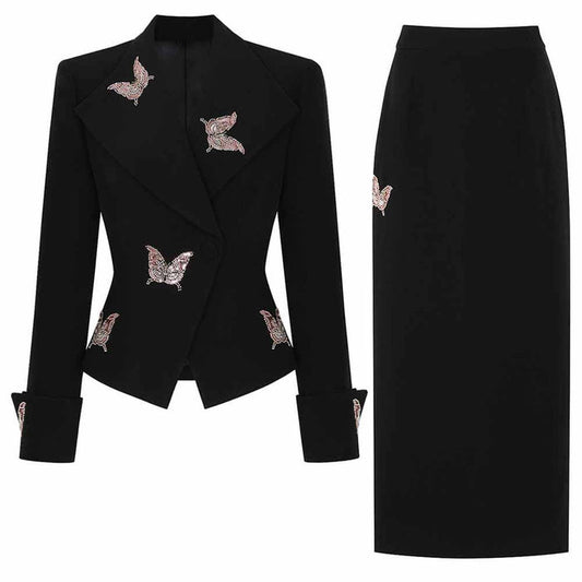 SD Dresscode women's black midi skirt suit with embroidered butterfly details for stylish occasions