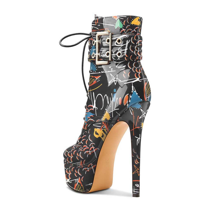 Women's Black Multi-Color Round Toe Lace Up Ankle Boots Platform Pumps Party Boots