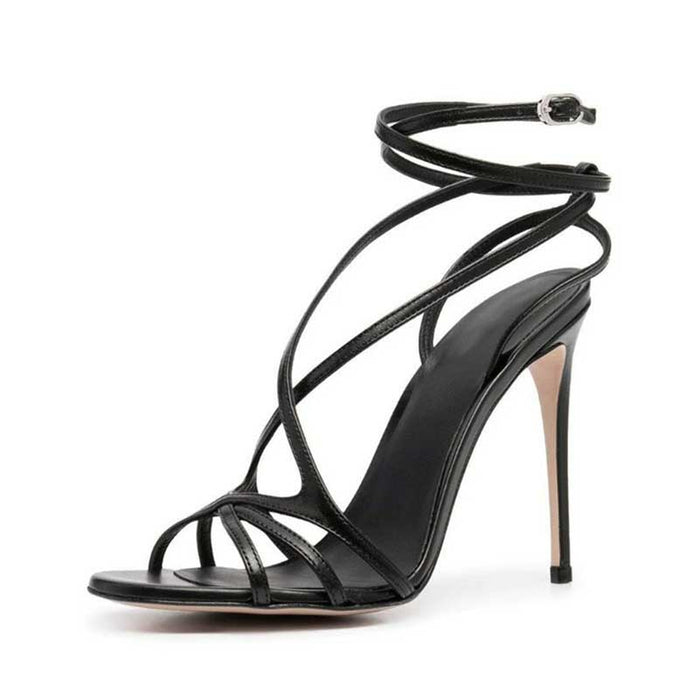 Womens Black Stiletto Ankle Straps High Heeled Sandals