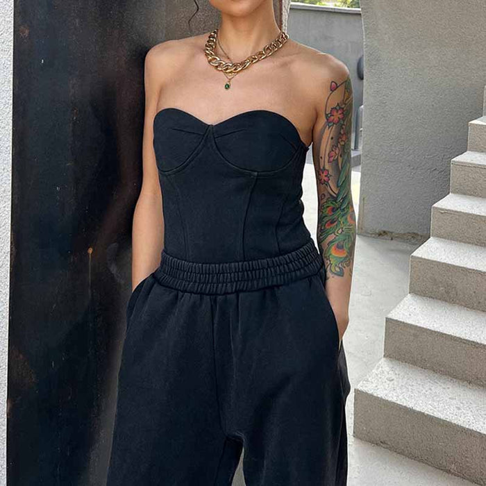Women's black Strapless Pantsuit Casual Crop + Wide Legs Pants Suit