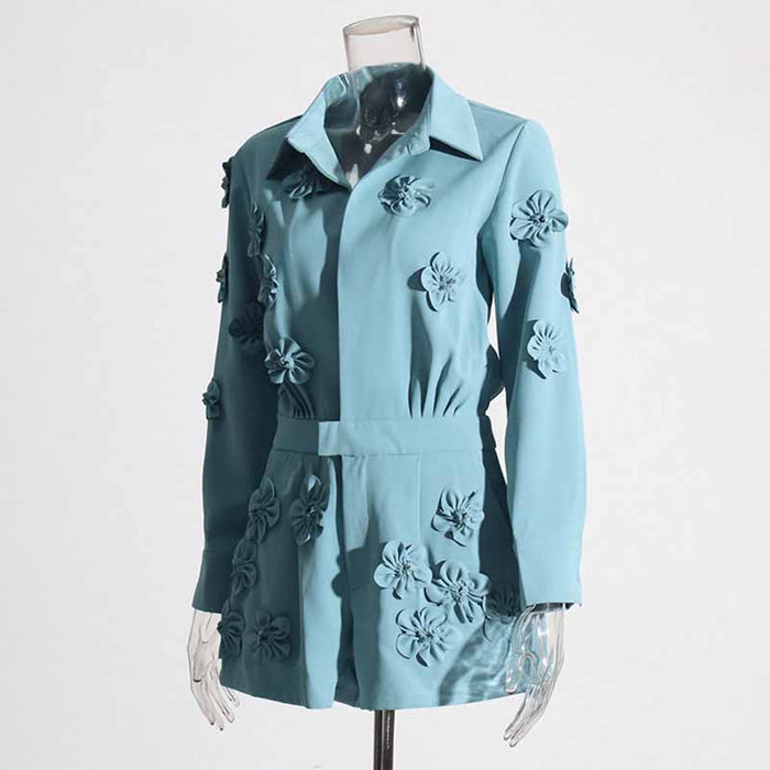 Women's blue patchwork floral jumpsuit shorts suit