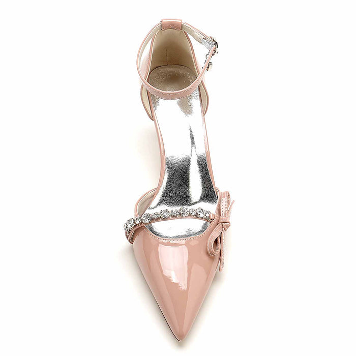 S&DCo. bridal glitter stiletto heels in pink with a shiny finish and decorative bow detail