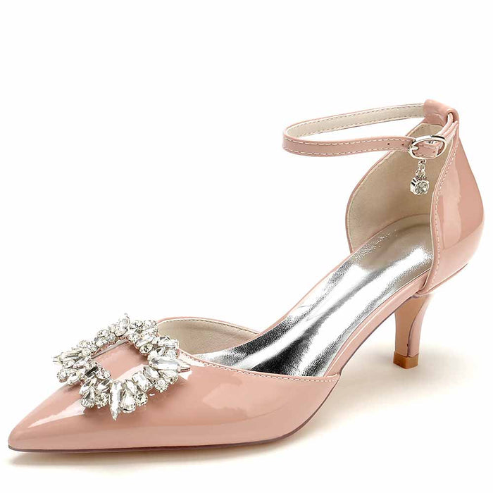 S&DCo. women's ankle strap stiletto heels in pink with a jeweled embellishment