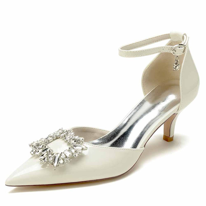 Elegant white women's ankle strap stiletto heels with decorative silver embellishment