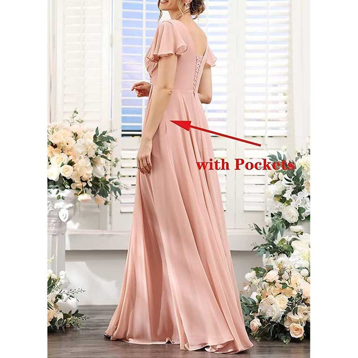 Women's Bridesmaid Dresses Chiffon Short Sleeves Wedding Guest Dress with Pockets