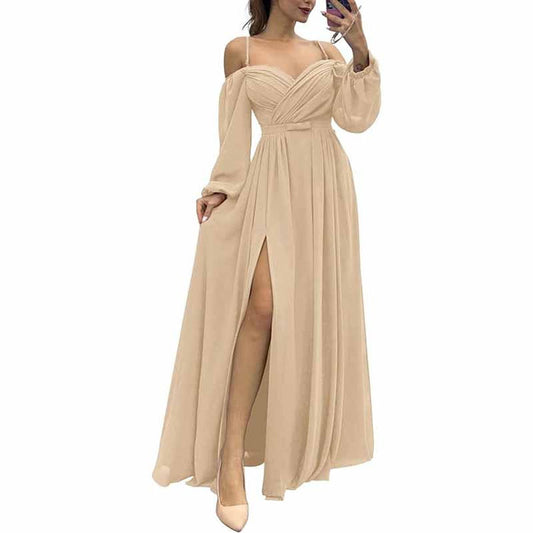 Women's Bridesmaid Dresses Long Sleeves Spaghetti Strap Split Ruched Wedding Guest Dress