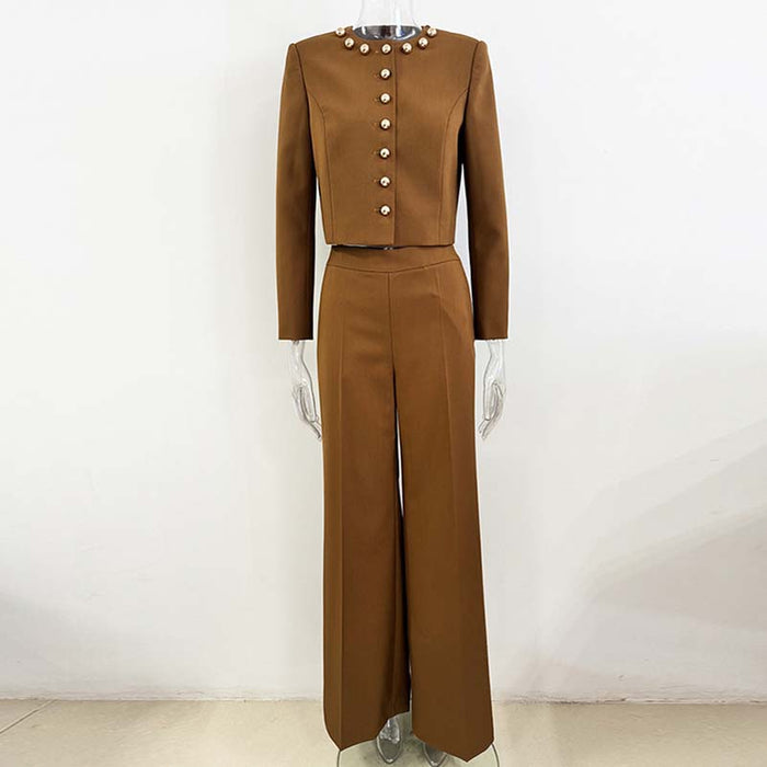 Women's brown tailored pantsuit by SD Dresscode with a stylish cropped jacket and wide-leg pants