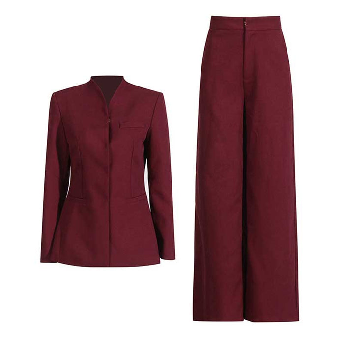 Women's Burgundy Suit Standard Collar Long Sleeve Wide Leg Pant Suit