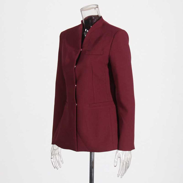 Women's Burgundy Suit Standard Collar Long Sleeve Wide Leg Pant Suit