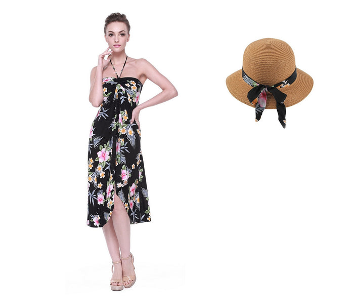 Women's Butterfly Dress with Matching Hat in Hibiscus Black