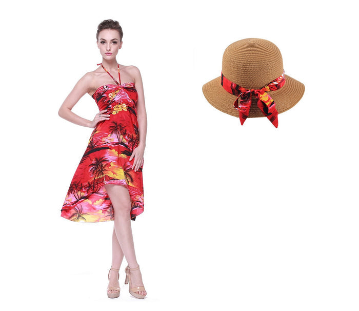 Women's Butterfly Dress with Matching Hat in Sunset Red