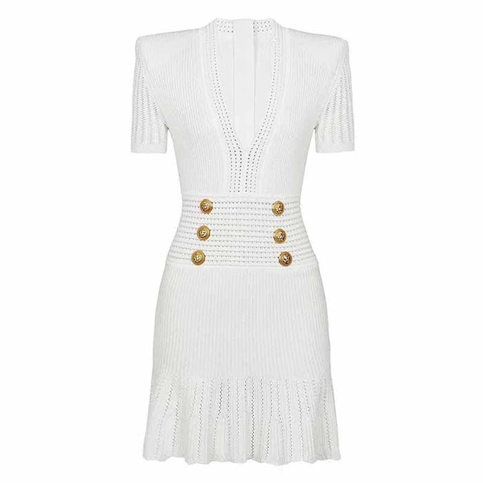 Women's Button-embellished Knitted Dress V-neck Mini Dress in White