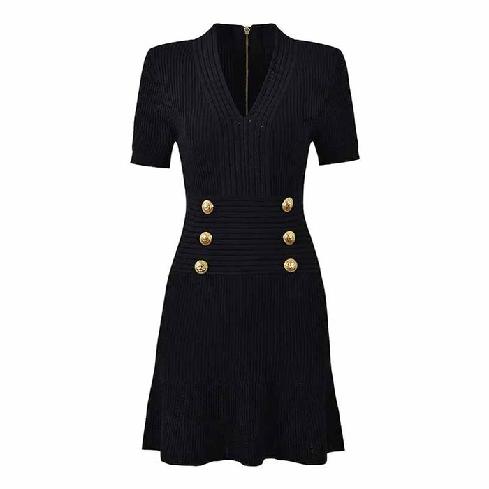 Women's Button-embellished Knitted Dress V-neck Mini Dress in White