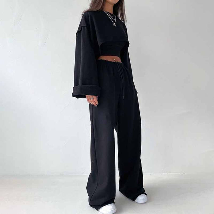 Women's casual 3 pieces pantsuits long sleeved hoodie with wide leg pants