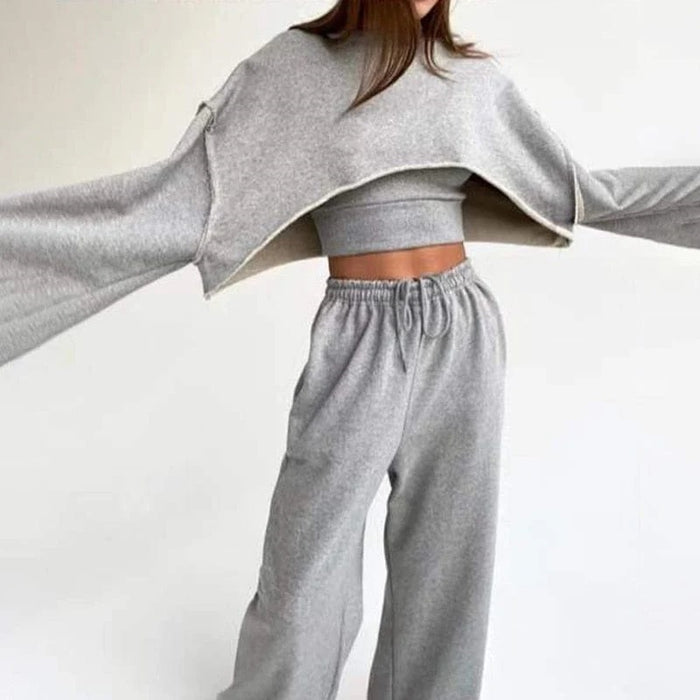 Women's casual 3 pieces pantsuits long sleeved hoodie with wide leg pants
