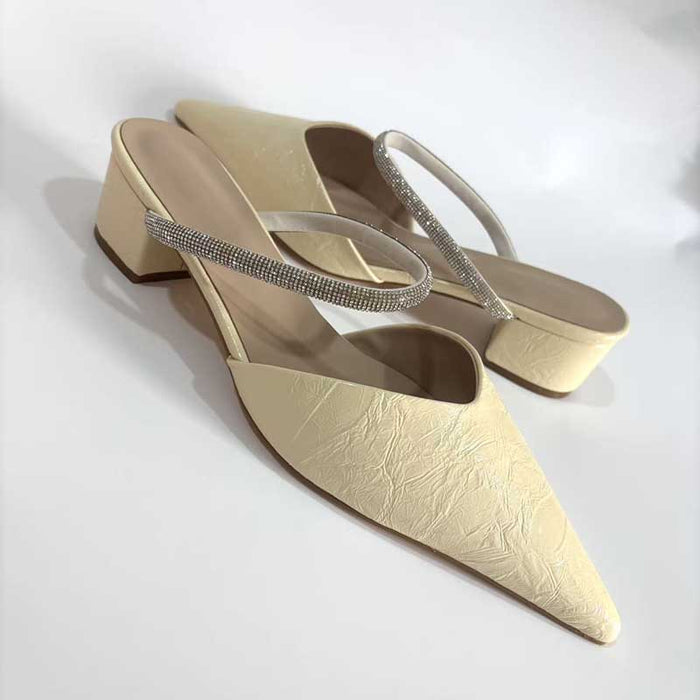 Women's Champagne Faux Leather Mules Pointed Toe Rhinestone Strap Kitten Heel Slides