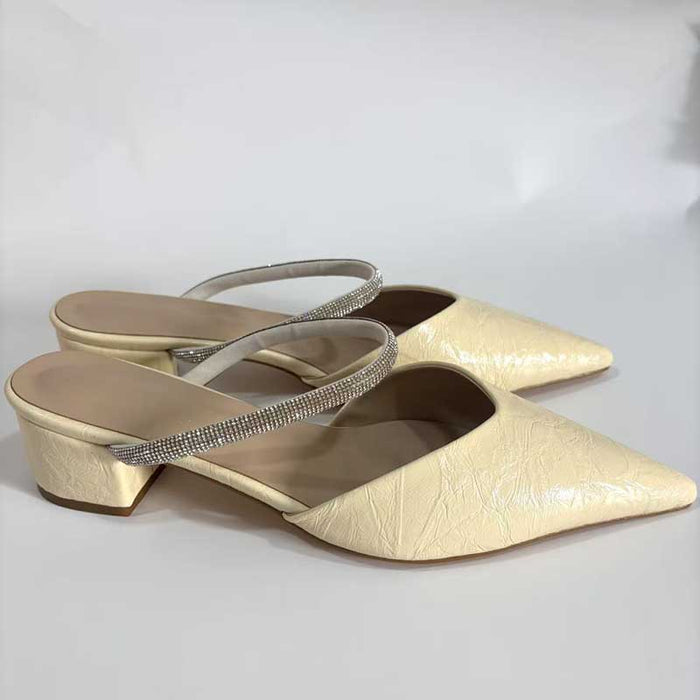 Women's Champagne Faux Leather Mules Pointed Toe Rhinestone Strap Kitten Heel Slides