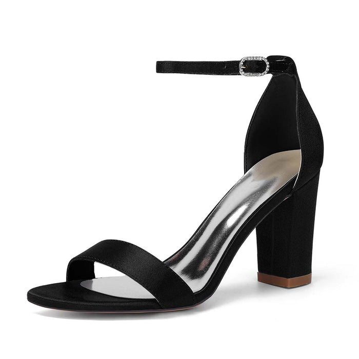 Women's Chunky Heel Ankle Strap Sandals - Satin Open Toe Bridal & Formal Party Shoes