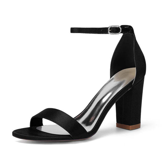 Women's Chunky Heel Ankle Strap Sandals - Satin Open Toe Bridal & Formal Party Shoes