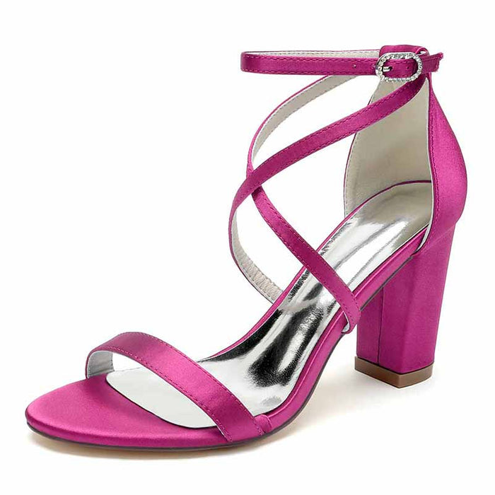 S&DCo. women's chunky heel ankle strap sandals in bright pink with stylish crisscross design
