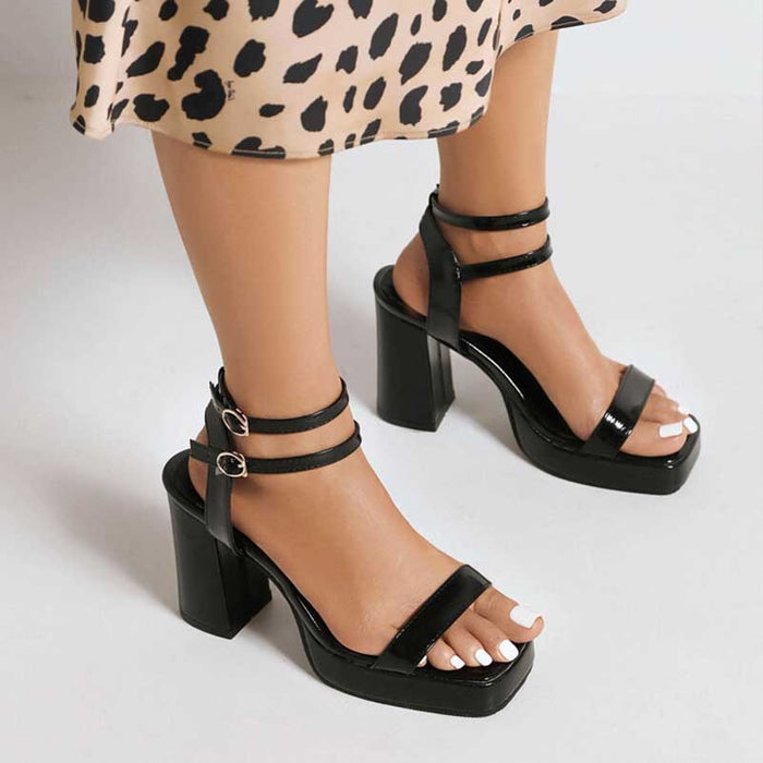 Women's Chunky Heel Sandals Square Toe Platform Dress Heels