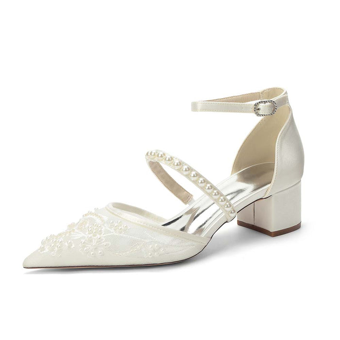 Women's Chunky Pearls-Strap Lace Wedding Shoes For Bride