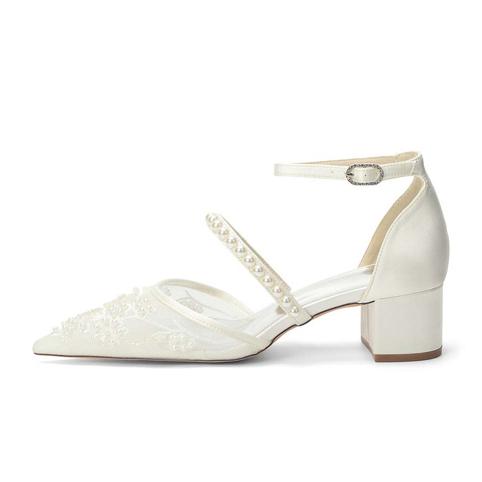 Women's Chunky Pearls-Strap Lace Wedding Shoes For Bride