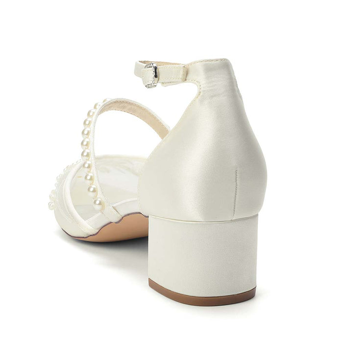 Women's Chunky Pearls-Strap Lace Wedding Shoes For Bride
