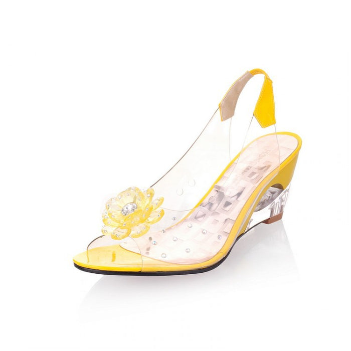 Women's Clear Crystal Wedge Sandals Peep Toe Glitter Flower Platform High Heel Dress Sandal