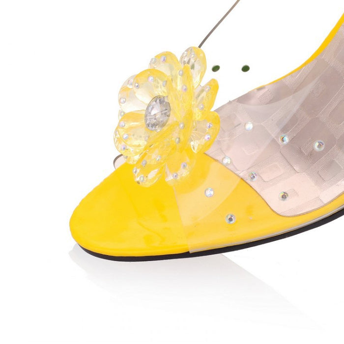 Women's Clear Crystal Wedge Sandals Peep Toe Glitter Flower Platform High Heel Dress Sandal