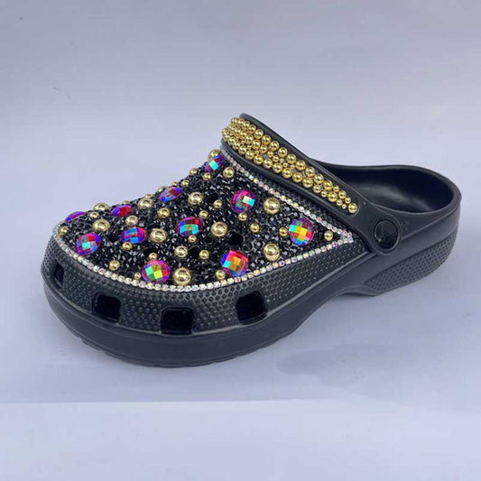 Womens Closed Toe Clog Shoes Black Rhinestone Sparkly Slip on Mules