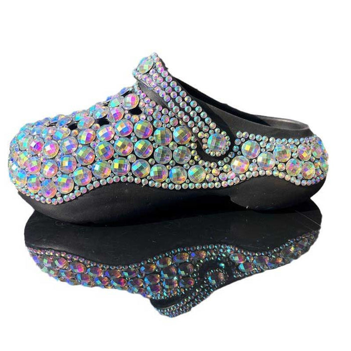 Womens Closed Toe Clog Shoes Rhinestone Beaded Slip-On Black Mules