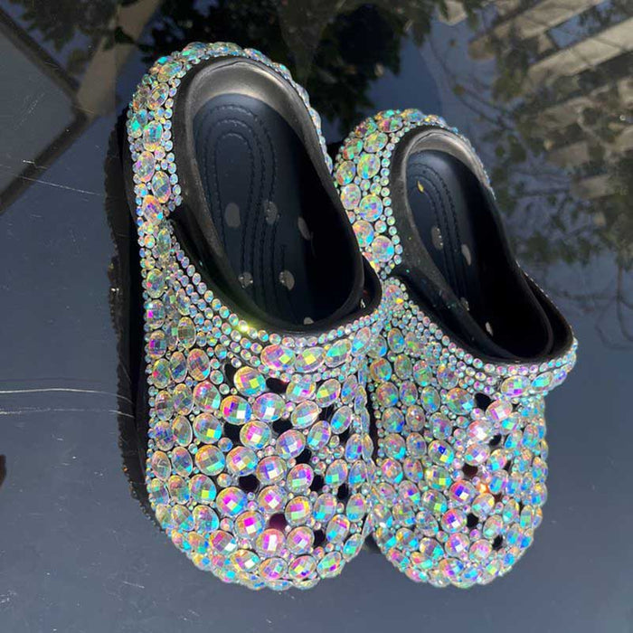 Womens Closed Toe Clog Shoes Rhinestone Beaded Slip-On Black Mules