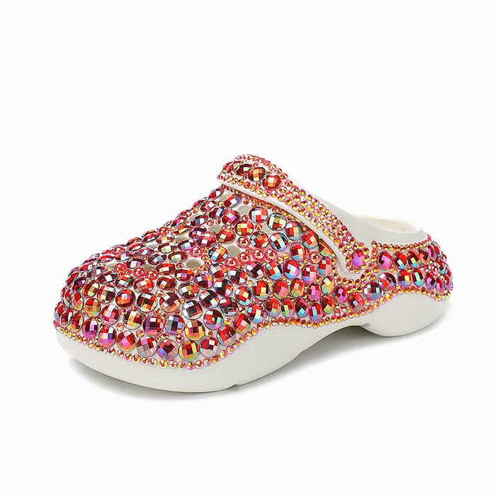 Womens Closed Toe Clog Shoes Rhinestone Beaded Slip on Mules Multi Red