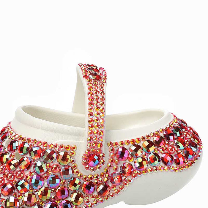 Womens Closed Toe Clog Shoes Rhinestone Beaded Slip on Mules Multi Red