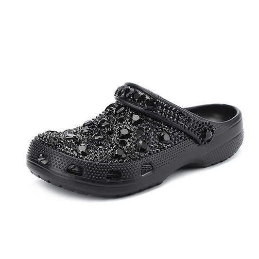 Womens Closed Toe Clog Shoes Rhinestone Beads Mules Slip on Crocs Sandals
