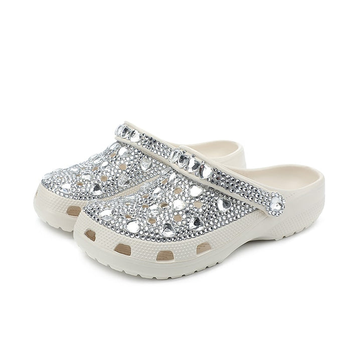 Womens Closed Toe Clog Shoes Rhinestone Beads Mules Slip on Crocs Sandals