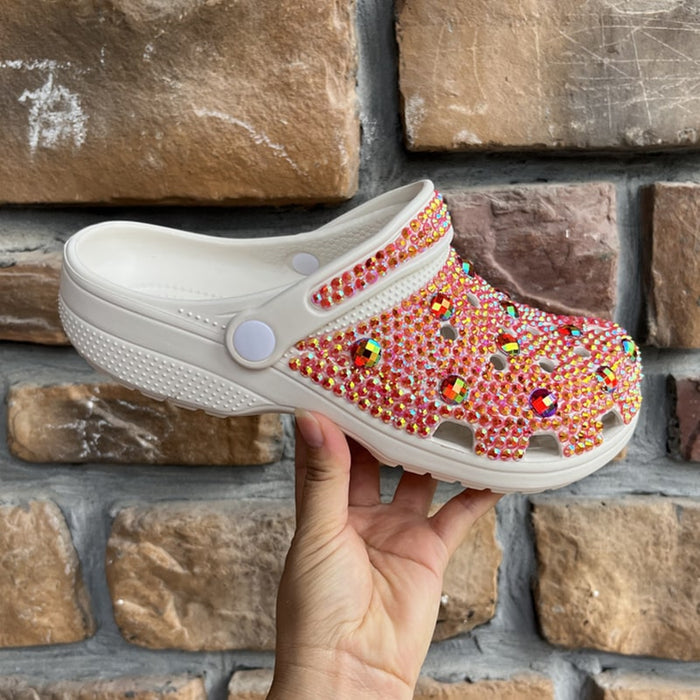Womens Closed Toe Clog Shoes Rhinestone Beads Mules Slip on Sandals Custom Crocs