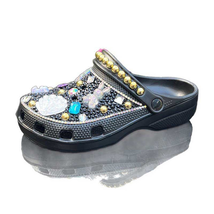 Womens Closed Toe Clog Shoes Rhinestone Beads Mules Sparkly Slip on Sandals