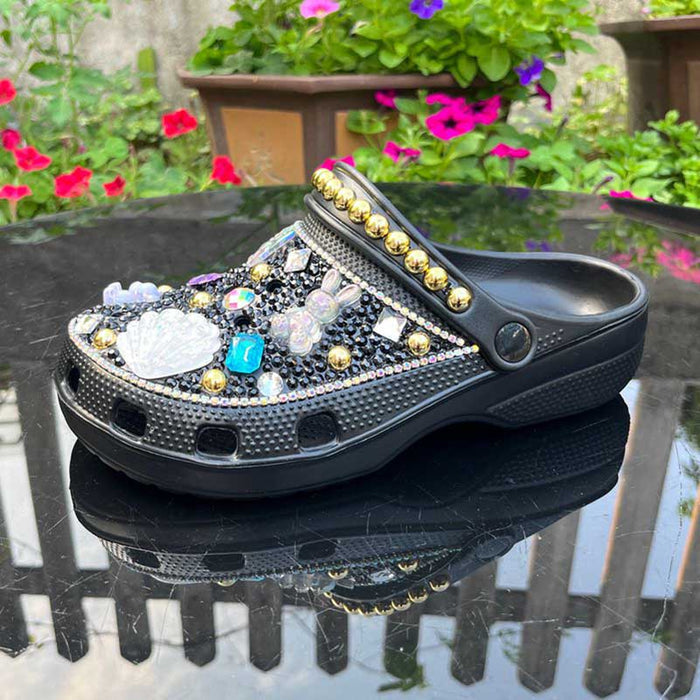 Womens Closed Toe Clog Shoes Rhinestone Beads Mules Sparkly Slip on Sandals