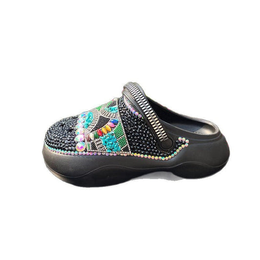 Womens Closed Toe Clog Shoes Rhinestone Beads Slip-On Flats Mules
